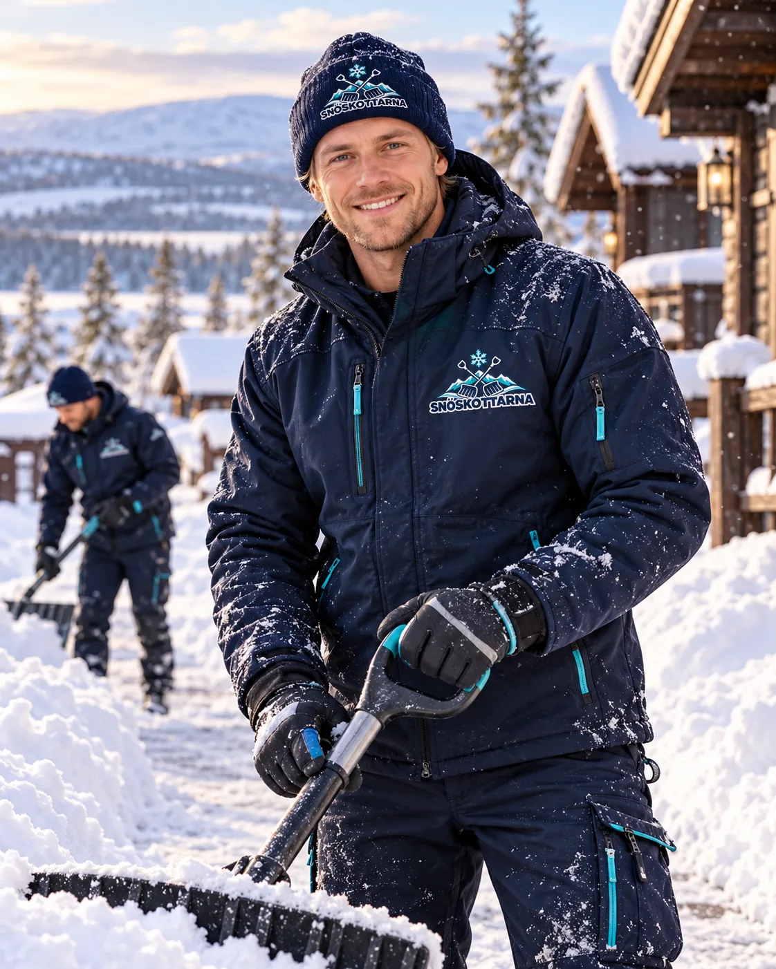 AI-genererad reklambild: ljushårig snöskottare i profilkläder med snöskyffel