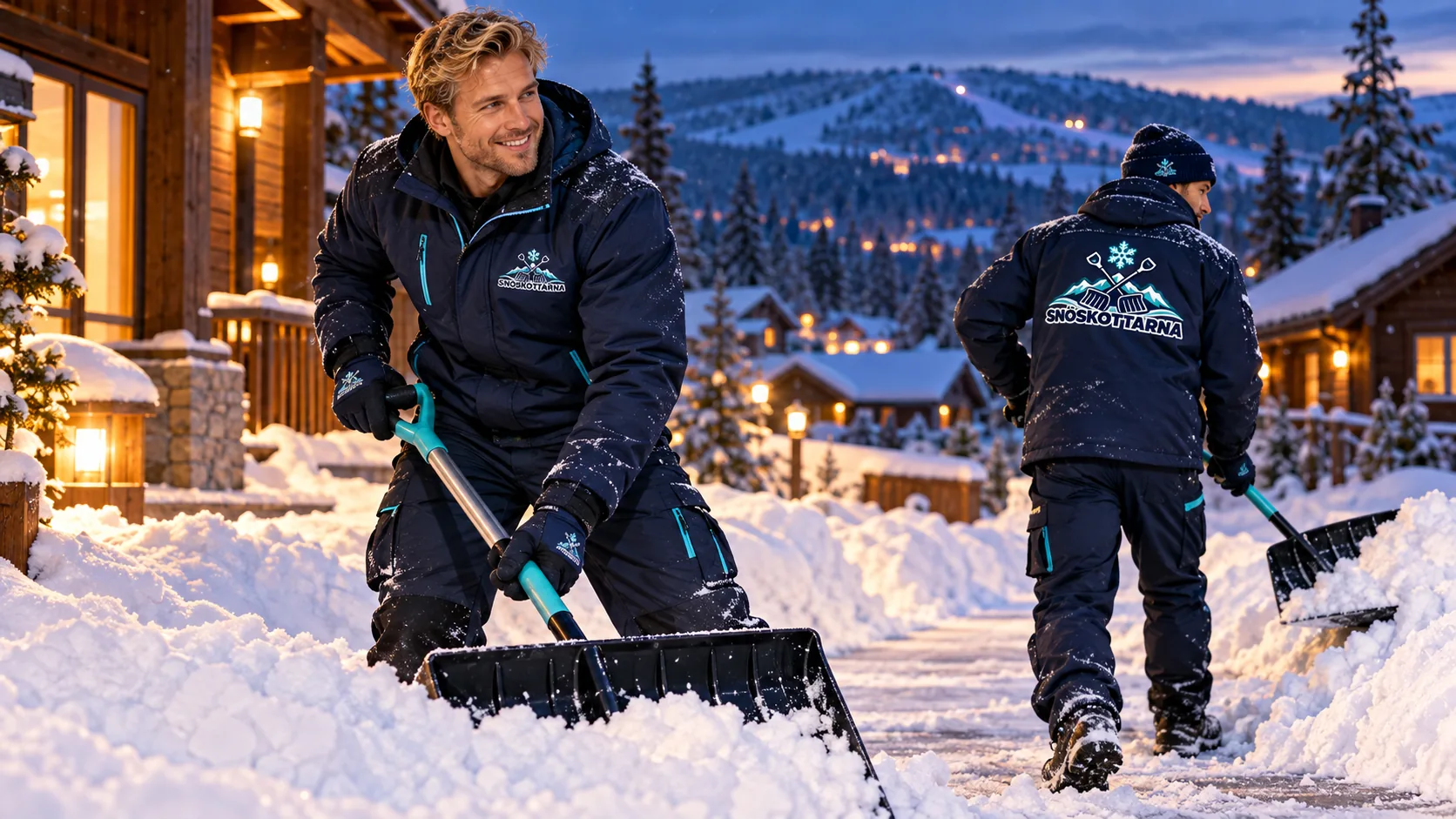 Reklamillustration: snöskottare och varmt upplysta stugor i vinterkväll